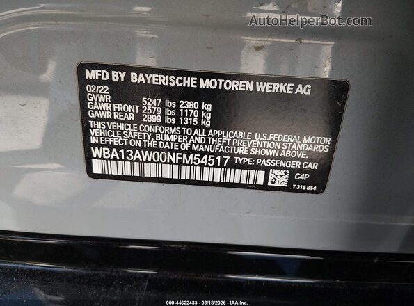 WBA13AW00NFM54517 2022 BMW OTHER Gray Vista del compartimento del motor