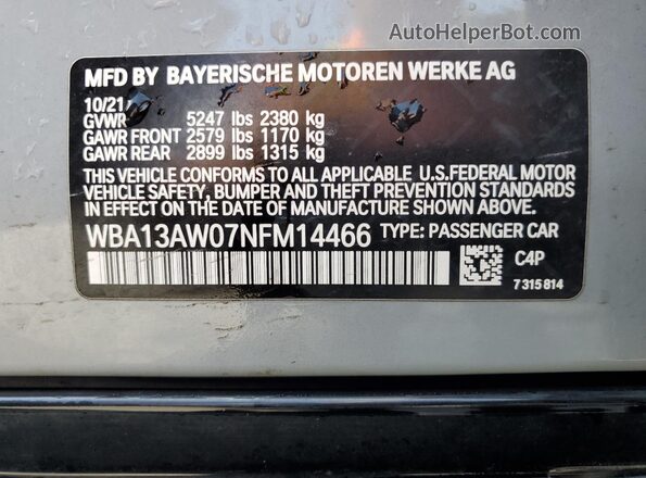 WBA13AW07NFM14466 2022 BMW M4 Gray VIN կոդի պիտակի տեսք
