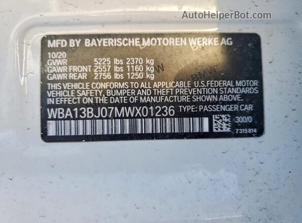 WBA13BJ07MWX01236 2021 BMW 7 SERIES White VIN კოდის სტიკერის ხედი