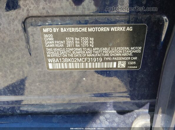 WBA13BK02MCF31919 2021 BMW 7 SERIES Blue Vista del compartimento del motor
