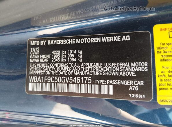 WBA1F9C50GV546175 2016 BMW 2 SERIES Blue Widok komory silnika