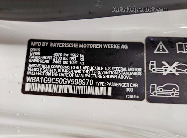 WBA1G9C50GV598970 2016 BMW 2 SERIES White VIN კოდის სტიკერის ხედი