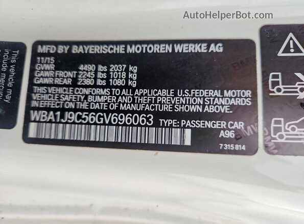 WBA1J9C56GV696063 2016 BMW M2 White VIN კოდის სტიკერის ხედი