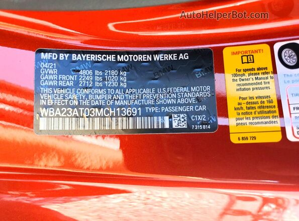 WBA23AT03MCH13691 2021 BMW 4 SERIES Orange VIN კოდის სტიკერის ხედი