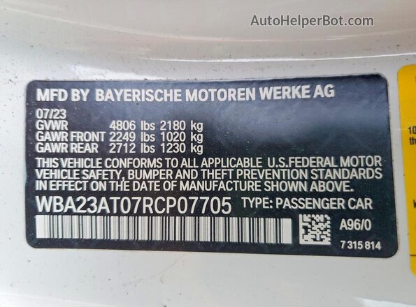 WBA23AT07RCP07705 2024 BMW 4 SERIES White Vista de la etiqueta del VIN