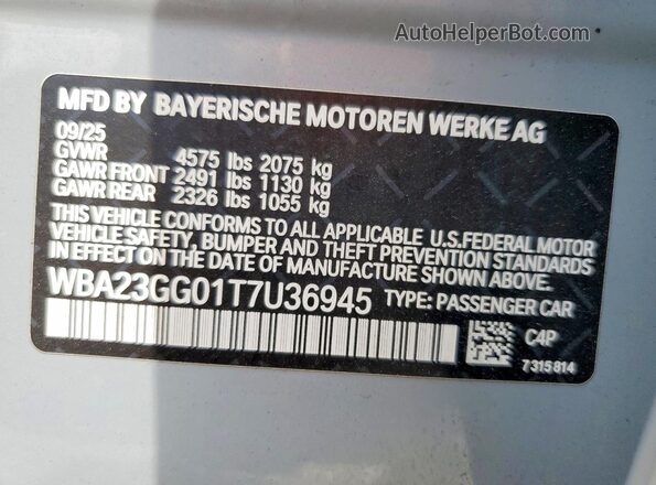 WBA23GG01T7U3694X 2026 BMW 2 SERIES Gray VIN sticker view