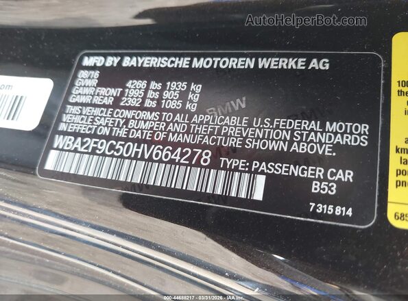 WBA2F9C50HV664278 2017 BMW 2 SERIES Черный Вид подкапотного пространства