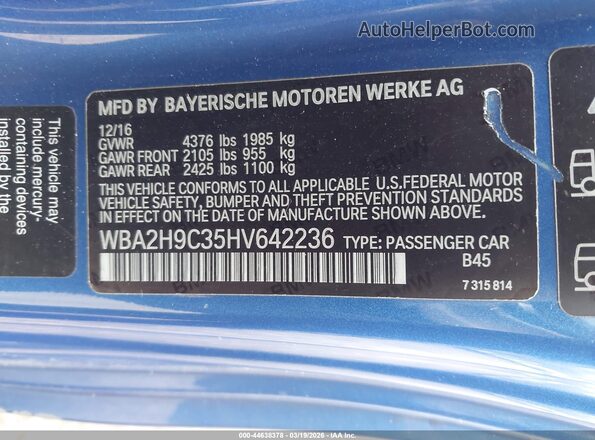 WBA2H9C35HV642236 2017 BMW 2 SERIES Blue ძრავის განყოფილების ხედი