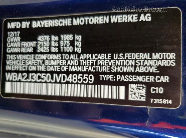WBA2J3C50JVD48559 2018 BMW 2 SERIES Синий Вид наклейки с VIN-кодом