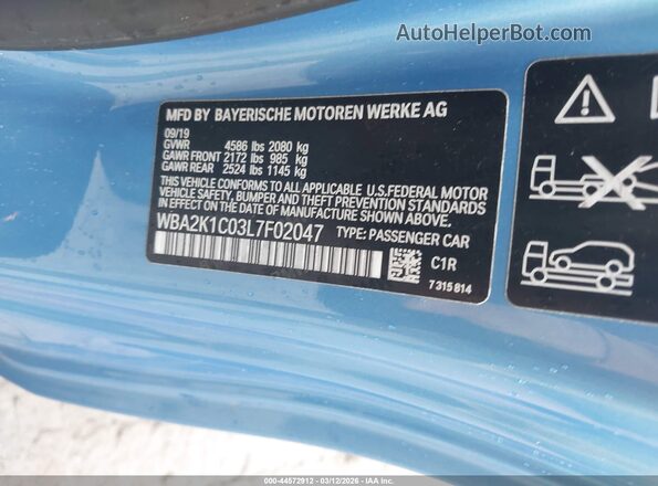 WBA2K1C03L7F02047 2020 BMW 2 SERIES Blue ძრავის განყოფილების ხედი