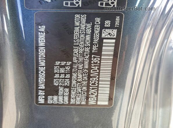 WBA2K1C59JVD41367 2018 BMW 2 SERIES Gray Vista de la etiqueta del VIN