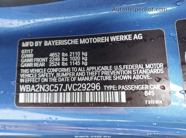 WBA2N3C57JVC29296 2018 BMW M2 Blue Engine compartment view