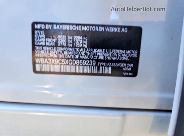 WBA3X9C5XGD869239 2016 BMW 3 SERIES White Вид підкапотного простору