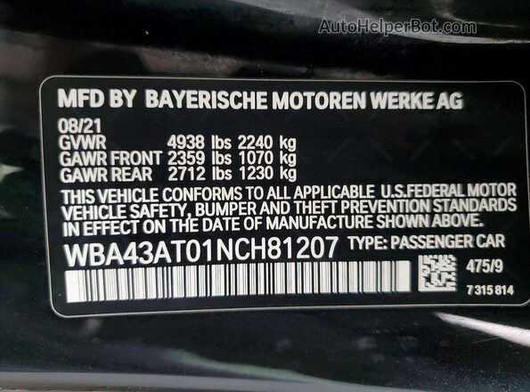 WBA43AT01NCH81207 2022 BMW 4 SERIES Black VIN sticker view