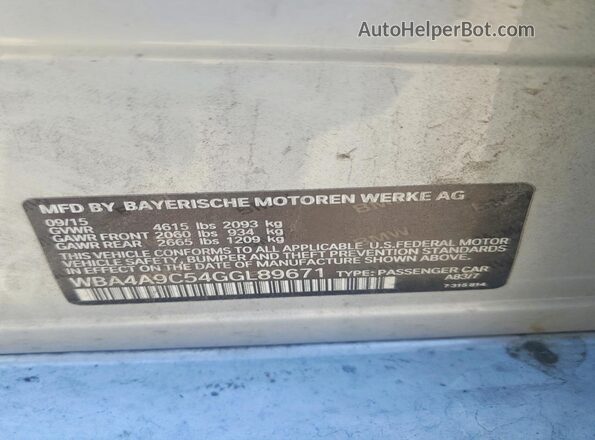WBA4A9C54GGL89671 2016 BMW 4 SERIES Silver VIN sticker view