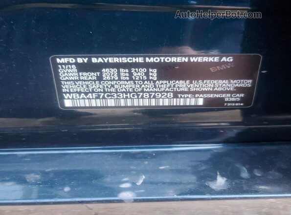 WBA4F7C33HG787928 2017 BMW 4 SERIES Blue VIN კოდის სტიკერის ხედი