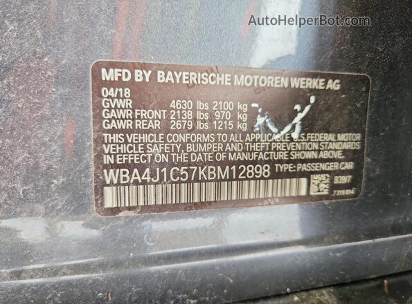 WBA4J1C57KBM12898 2019 BMW 4 SERIES Gray Widok naklejki z numerem VIN