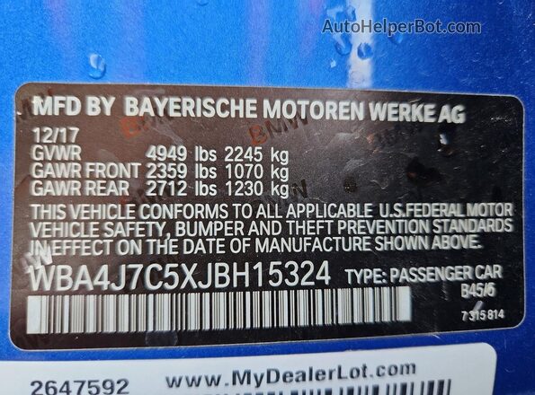 WBA4J7C5XJBH15324 2018 BMW 4 SERIES Blue VIN կոդի պիտակի տեսք