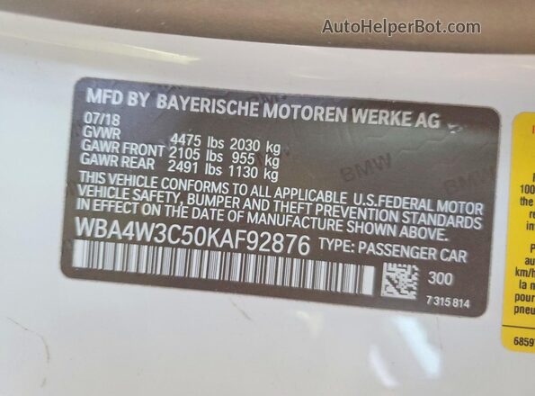 WBA4W3C50KAF92876 2019 BMW OTHER White 
