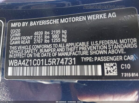 WBA4Z1C01L5R74731 2020 BMW 4 SERIES Blue Engine compartment view