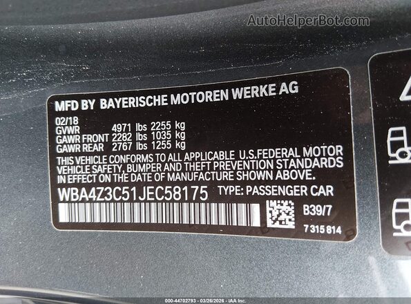 WBA4Z3C51JEC58175 2018 BMW 4 SERIES Серый Вид подкапотного пространства