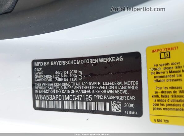 WBA53AP01MCG47195 2021 BMW 4 SERIES White Вид підкапотного простору