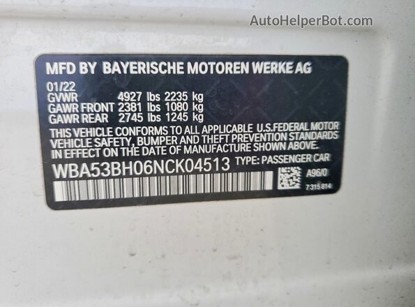 WBA53BH06NCK04513 2022 BMW OTHER White 