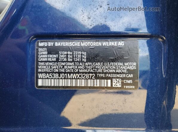 WBA53BJ01MWX32872 2021 BMW 7 SERIES Blue Vista del compartimento del motor
