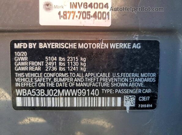 WBA53BJ02MWW99140 2021 BMW 5 SERIES Gray Vista de la etiqueta del VIN