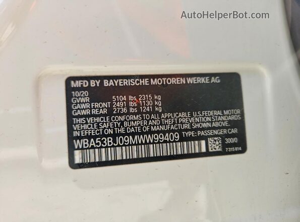 WBA53BJ09MWW99409 2021 BMW 5 SERIES White VIN sticker view