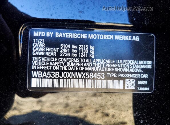 WBA53BJ0XNWX58453 2022 BMW 5 SERIES Black Widok naklejki z numerem VIN