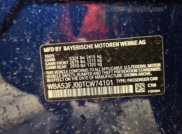 WBA53FJ00TCW74101 2026 BMW 5 SERIES Синий Вид наклейки с VIN-кодом