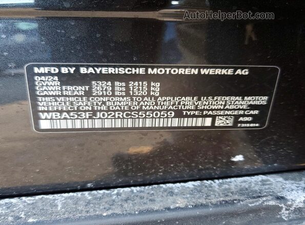 WBA53FJ02RCS55059 2024 BMW 5 SERIES Black VIN კოდის სტიკერის ხედი