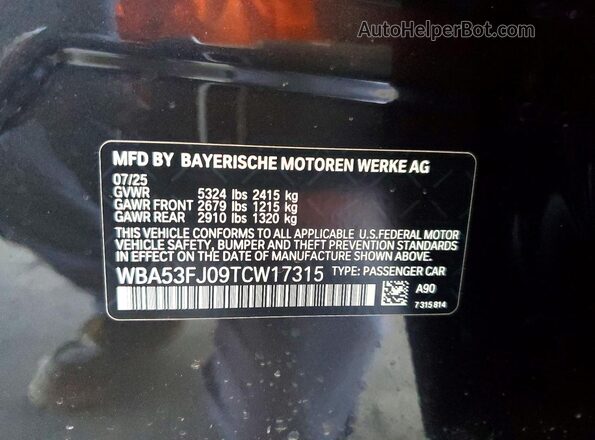 WBA53FJ09TCW17315 2026 BMW 5 SERIES Gray VIN կոդի պիտակի տեսք