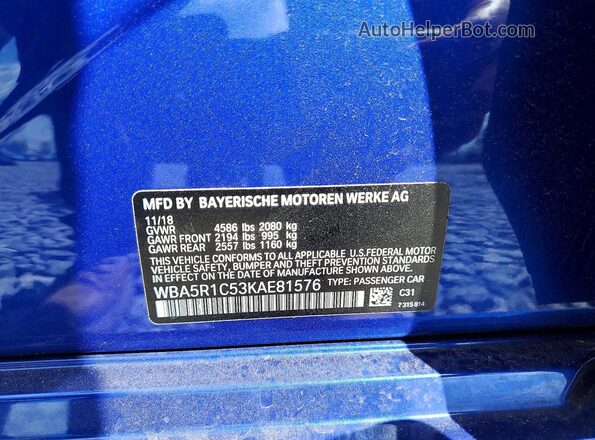 WBA5R1C53KAE81576 2019 BMW 3 SERIES Blue Engine compartment view