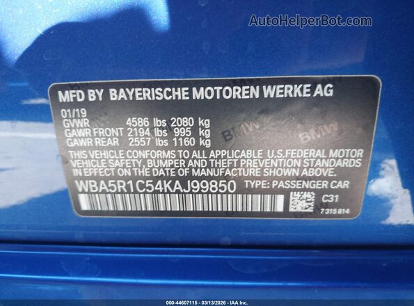 WBA5R1C54KAJ99850 2019 BMW 3 SERIES Blue Vista del compartimento del motor