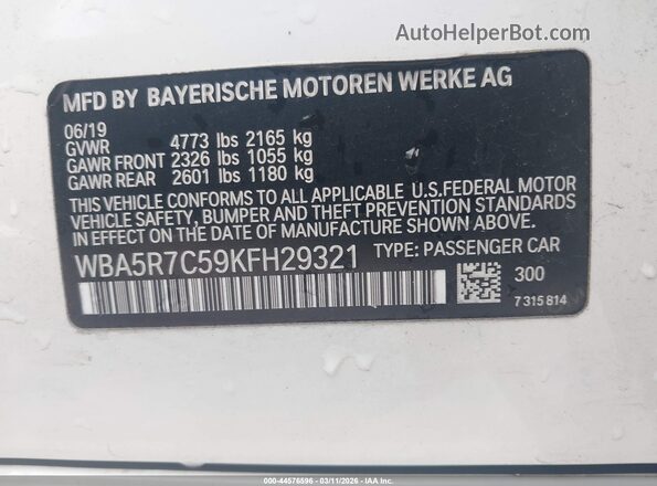 WBA5R7C59KFH29321 2019 BMW 3 SERIES White ძრავის განყოფილების ხედი