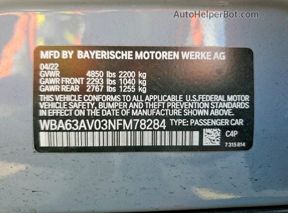 WBA63AV03NFM78284 2022 BMW 4 SERIES Silver Vista del compartimento del motor