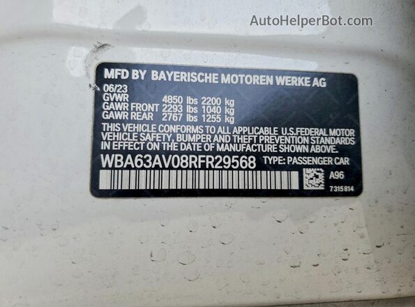 WBA63AV08RFR29568 2024 BMW 4 SERIES Белый Вид наклейки с VIN-кодом