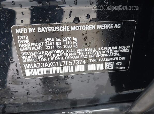 WBA73AK01L7F57374 2020 BMW 2 SERIES Black ძრავის განყოფილების ხედი