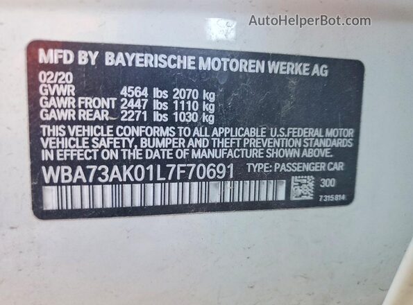 WBA73AK01L7F70691 2020 BMW 2 SERIES White VIN კოდის სტიკერის ხედი