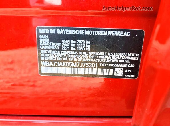 WBA73AK05M7J75301 2021 BMW 7 SERIES Red 