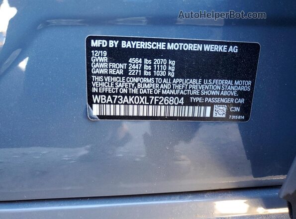 WBA73AK0XL7F26804 2020 BMW 2 SERIES Gray VIN კოდის სტიკერის ხედი