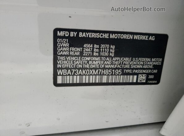 WBA73AK0XM7H85195 2021 BMW 2 SERIES White Widok naklejki z numerem VIN