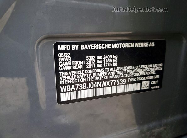 WBA73BJ04NWX77539 2022 BMW 5 SERIES Gray VIN sticker view