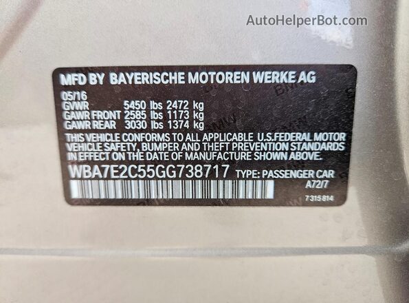 WBA7E2C55GG738717 2016 BMW 7 SERIES Tan VIN կոդի պիտակի տեսք
