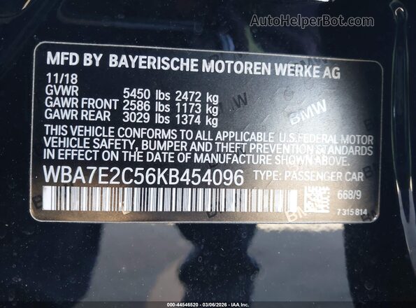 WBA7E2C56KB454096 2019 BMW 7 SERIES Black Engine compartment view
