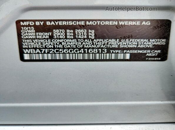 WBA7F2C56GG416813 2016 BMW 7 SERIES Silver Vista de la etiqueta del VIN