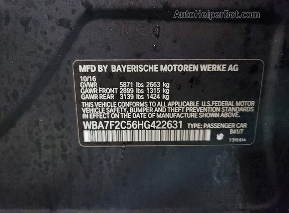 WBA7F2C56HG422631 2017 BMW 7 SERIES Charcoal Вид наклейки з VIN-кодом