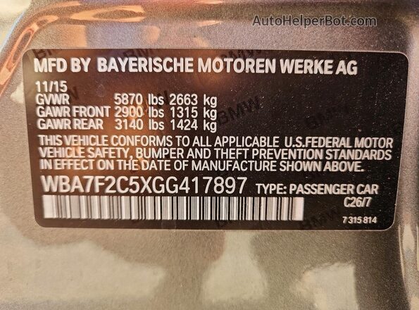 WBA7F2C5XGG417897 2016 BMW 7 SERIES Gray Vista de la etiqueta del VIN